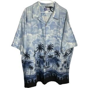 Vintage‎ RJC Hawaiian Shirt Mens 3XL Blue Clouds Palm Trees Boats Ocean USA 90s
